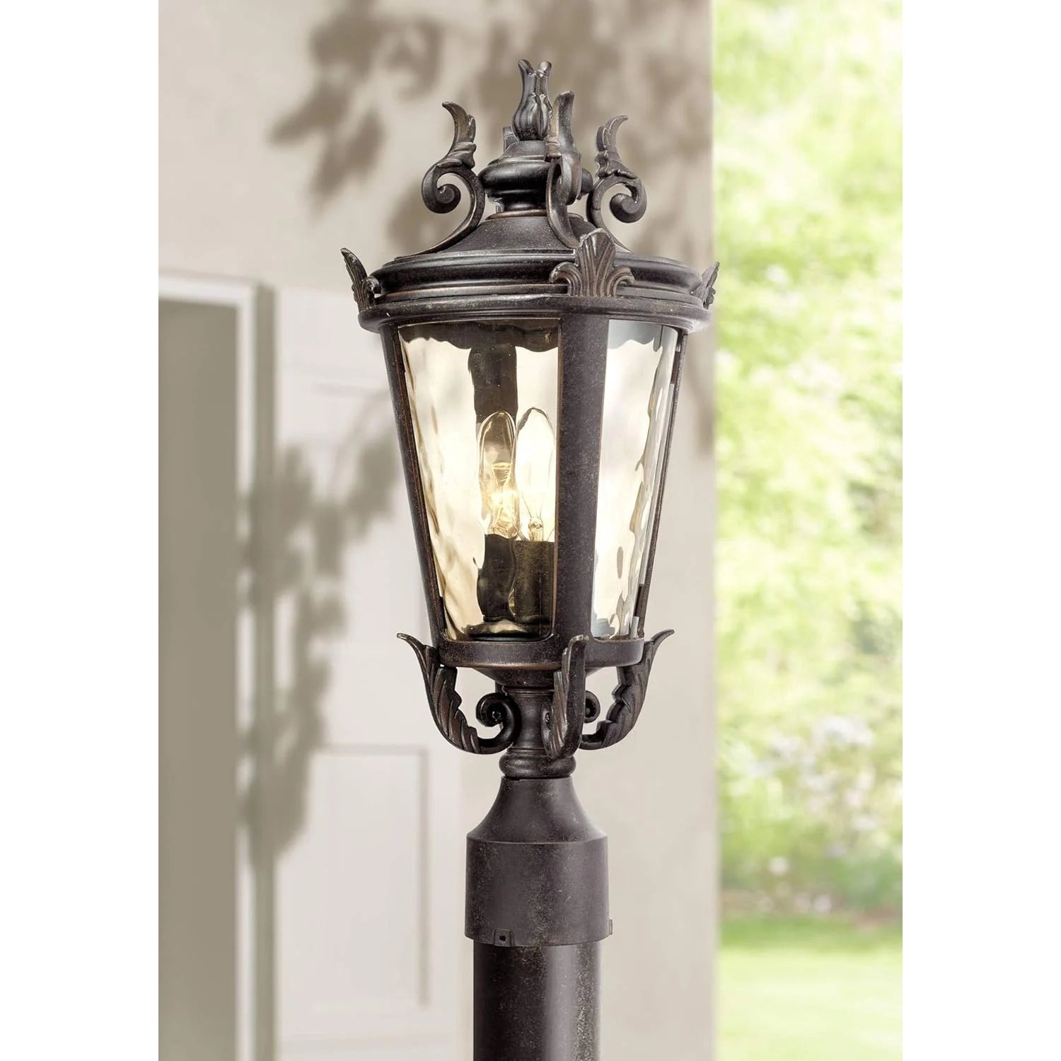 Marseille Vintage Outdoor Post Light Fixture Veranda Bronze Scroll 33 1/2" Champagne Hammered Glass for Exterior House Porch Patio Outside Deck Garden Driveway Home Lawn Walkway