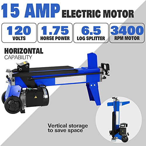 Log Splitter 6.5 Ton, Wood Splitter Electric Powered 15Amp with Hydraulic Ram