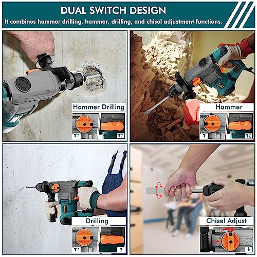 Heavy Duty Rotary Hammer Drill with Aluminum Alloy Housing, 5 Drill Bits