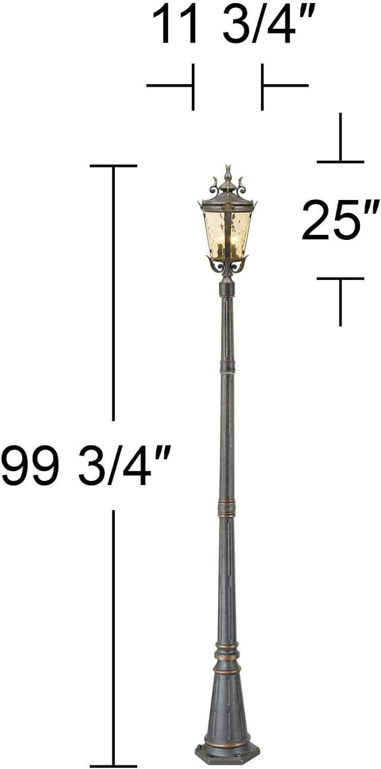Marseille Vintage Outdoor Post Light Fixture Veranda Bronze Scroll 33 1/2" Champagne Hammered Glass for Exterior House Porch Patio Outside Deck Garden Driveway Home Lawn Walkway