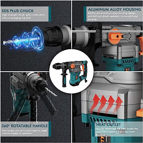 Heavy Duty Rotary Hammer Drill with Aluminum Alloy Housing, 5 Drill Bits