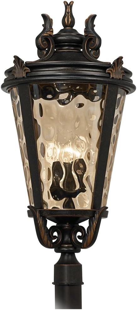 Marseille Vintage Outdoor Post Light Fixture Veranda Bronze Scroll 33 1/2" Champagne Hammered Glass for Exterior House Porch Patio Outside Deck Garden Driveway Home Lawn Walkway