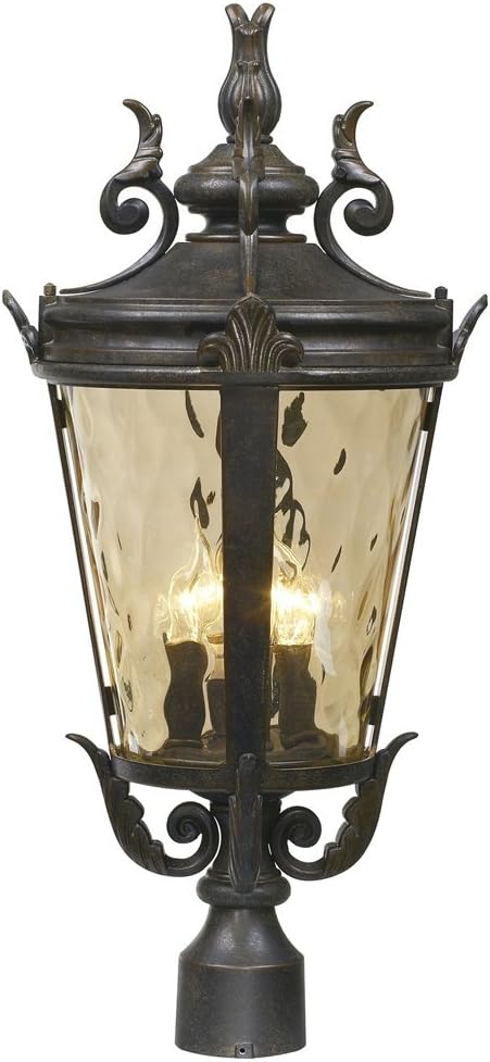 Marseille Vintage Outdoor Post Light Fixture Veranda Bronze Scroll 33 1/2" Champagne Hammered Glass for Exterior House Porch Patio Outside Deck Garden Driveway Home Lawn Walkway