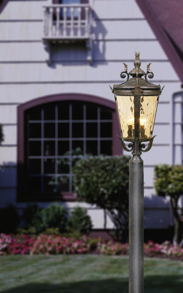 Marseille Vintage Outdoor Post Light Fixture Veranda Bronze Scroll 33 1/2" Champagne Hammered Glass for Exterior House Porch Patio Outside Deck Garden Driveway Home Lawn Walkway