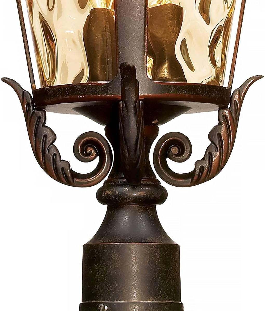 Marseille Vintage Outdoor Post Light Fixture Veranda Bronze Scroll 33 1/2" Champagne Hammered Glass for Exterior House Porch Patio Outside Deck Garden Driveway Home Lawn Walkway