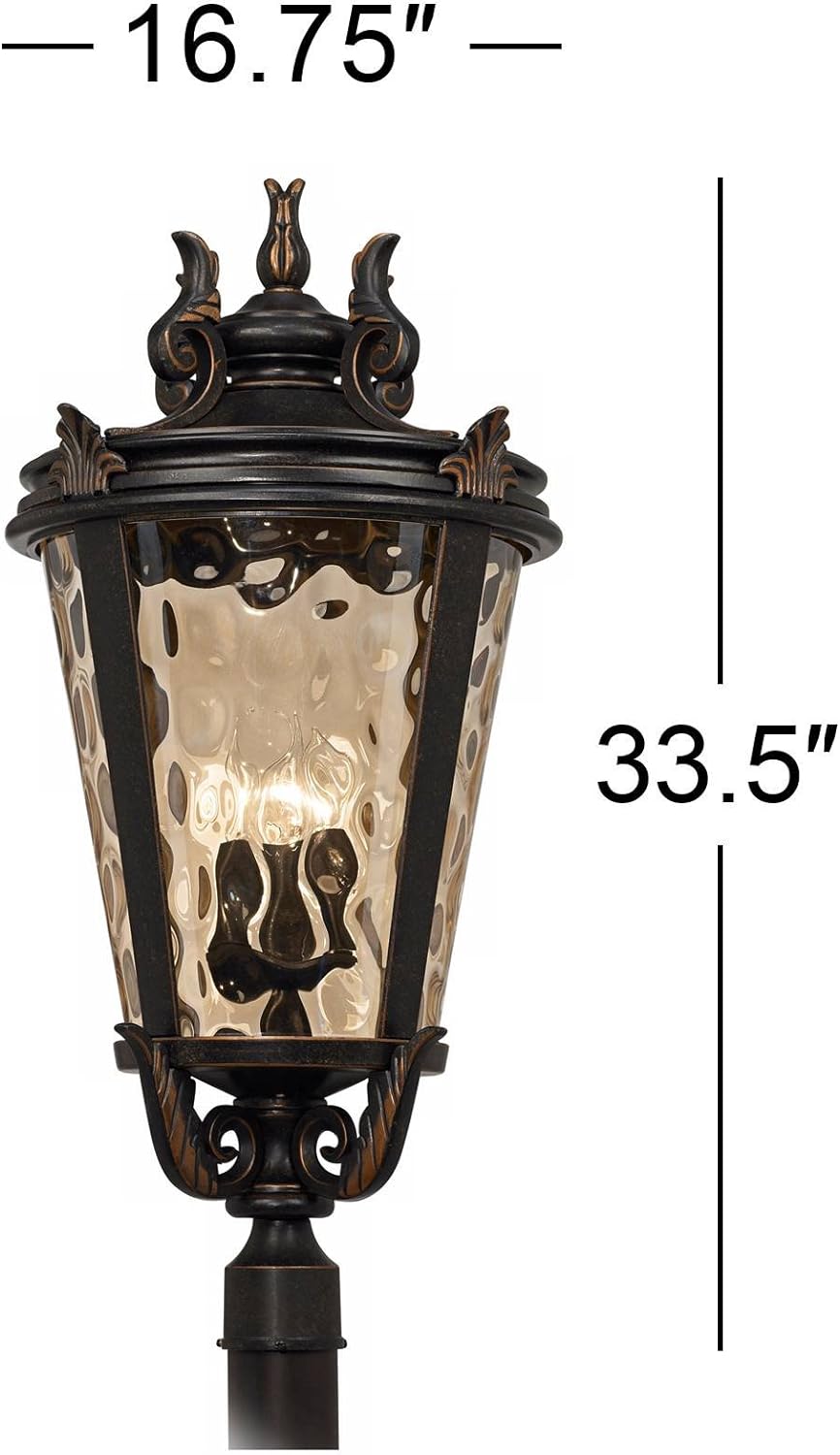 Marseille Vintage Outdoor Post Light Fixture Veranda Bronze Scroll 33 1/2" Champagne Hammered Glass for Exterior House Porch Patio Outside Deck Garden Driveway Home Lawn Walkway
