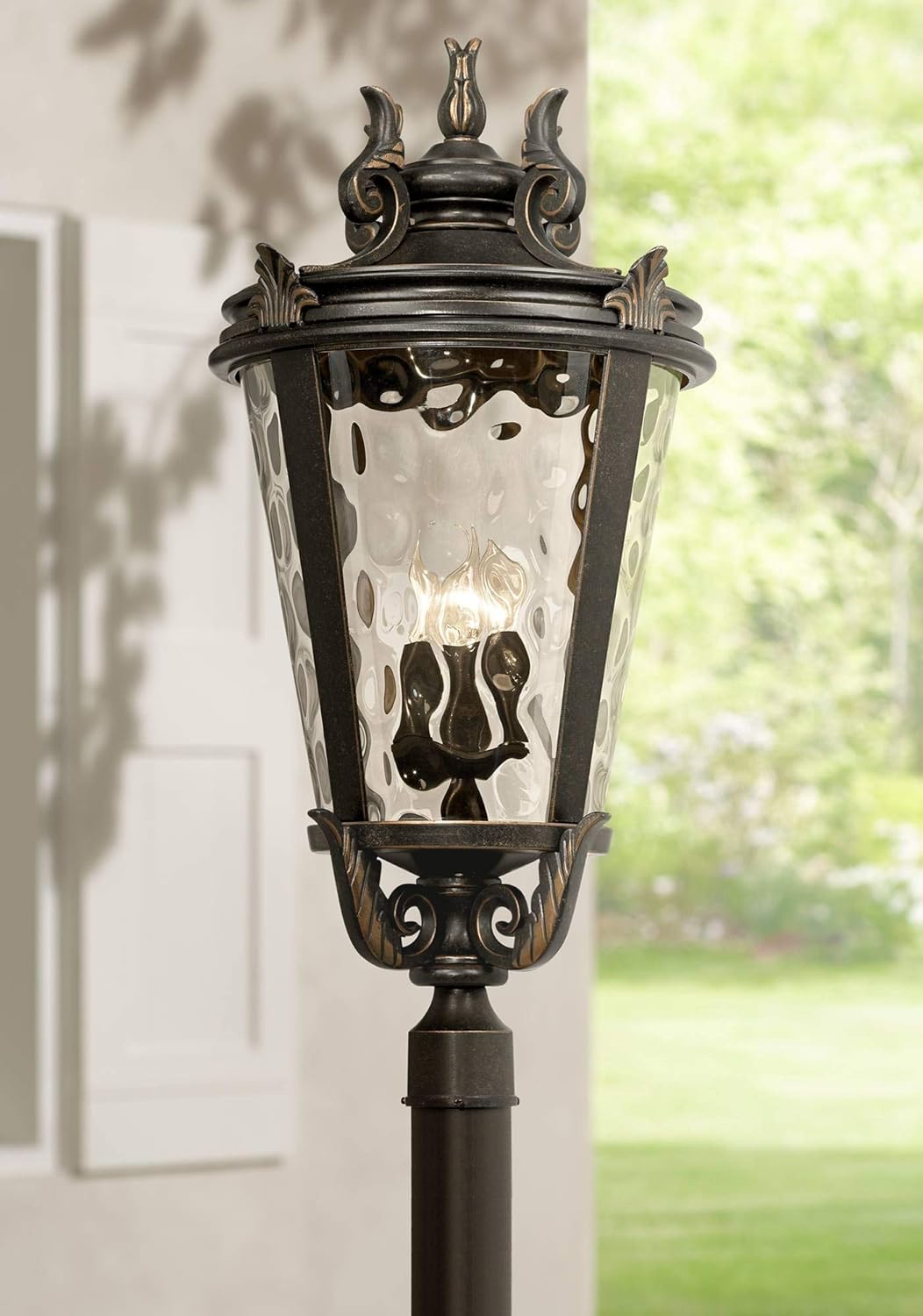 Marseille Vintage Outdoor Post Light Fixture Veranda Bronze Scroll 33 1/2" Champagne Hammered Glass for Exterior House Porch Patio Outside Deck Garden Driveway Home Lawn Walkway