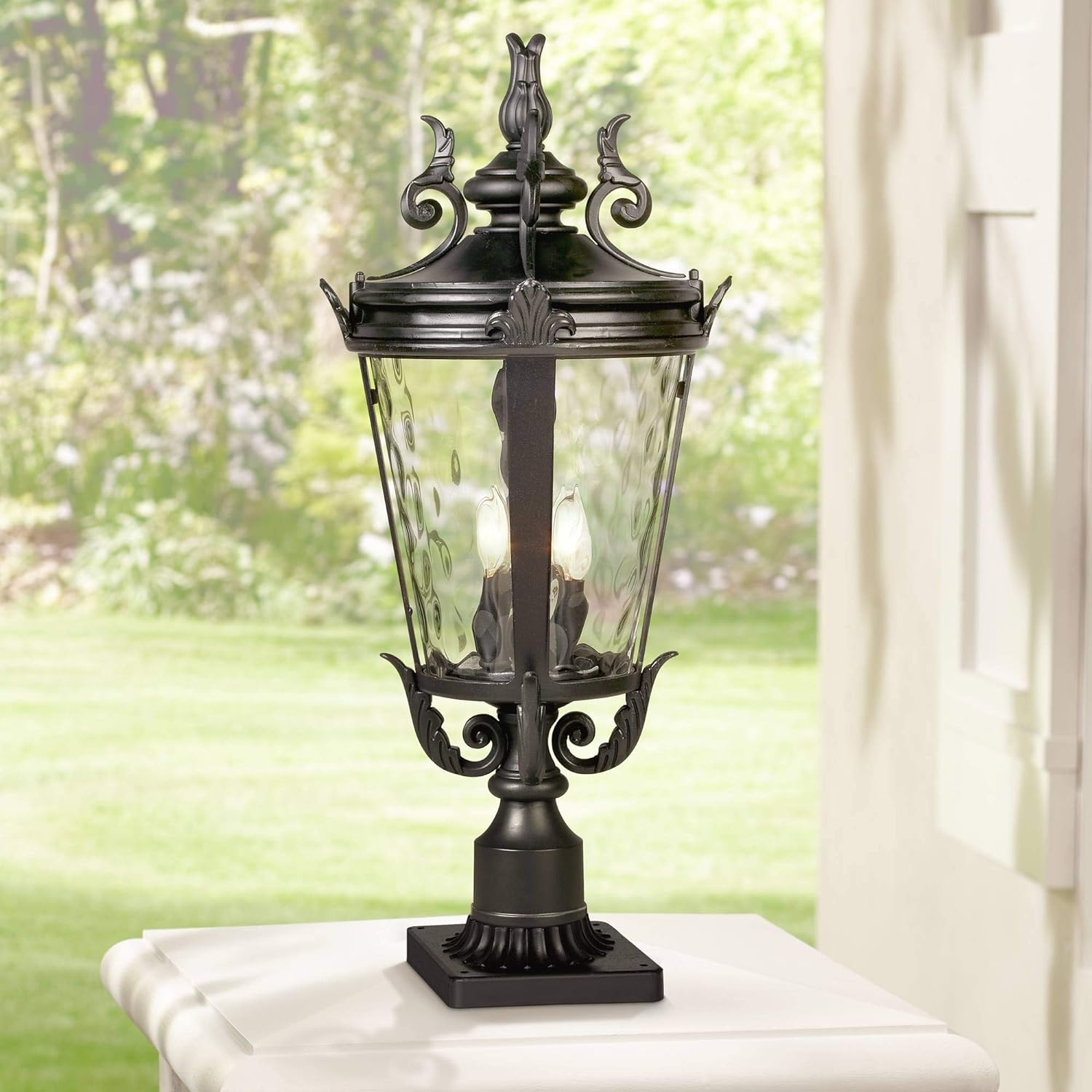 Marseille Vintage Outdoor Post Light Fixture Veranda Bronze Scroll 33 1/2" Champagne Hammered Glass for Exterior House Porch Patio Outside Deck Garden Driveway Home Lawn Walkway