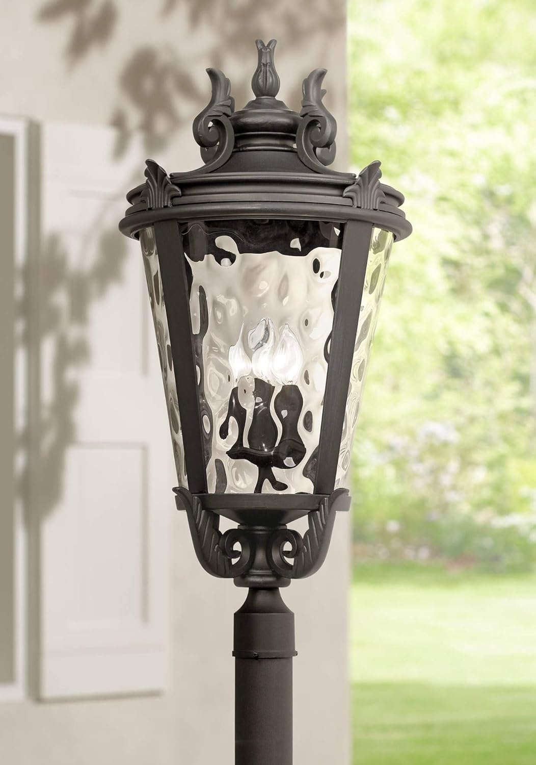 Marseille Vintage Outdoor Post Light Fixture Veranda Bronze Scroll 33 1/2" Champagne Hammered Glass for Exterior House Porch Patio Outside Deck Garden Driveway Home Lawn Walkway
