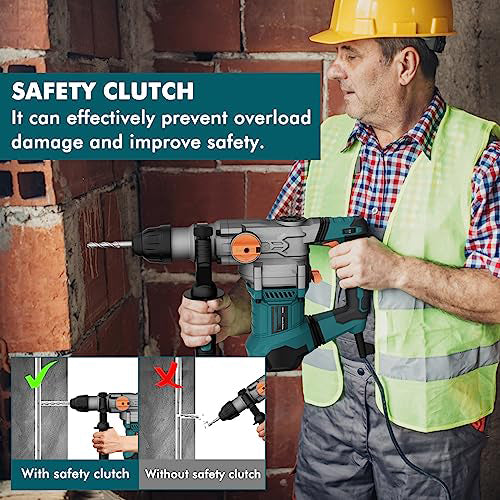 Heavy Duty Rotary Hammer Drill with Aluminum Alloy Housing, 5 Drill Bits