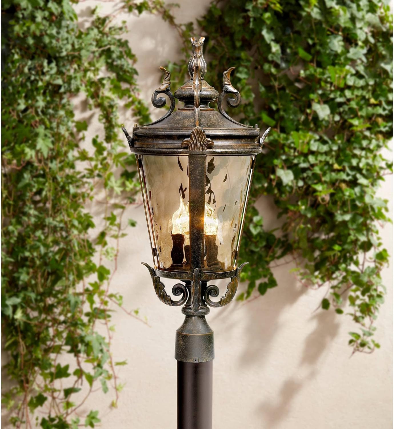 Marseille Vintage Outdoor Post Light Fixture Veranda Bronze Scroll 33 1/2" Champagne Hammered Glass for Exterior House Porch Patio Outside Deck Garden Driveway Home Lawn Walkway