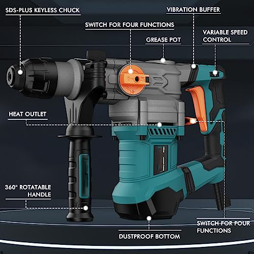 Heavy Duty Rotary Hammer Drill with Aluminum Alloy Housing, 5 Drill Bits