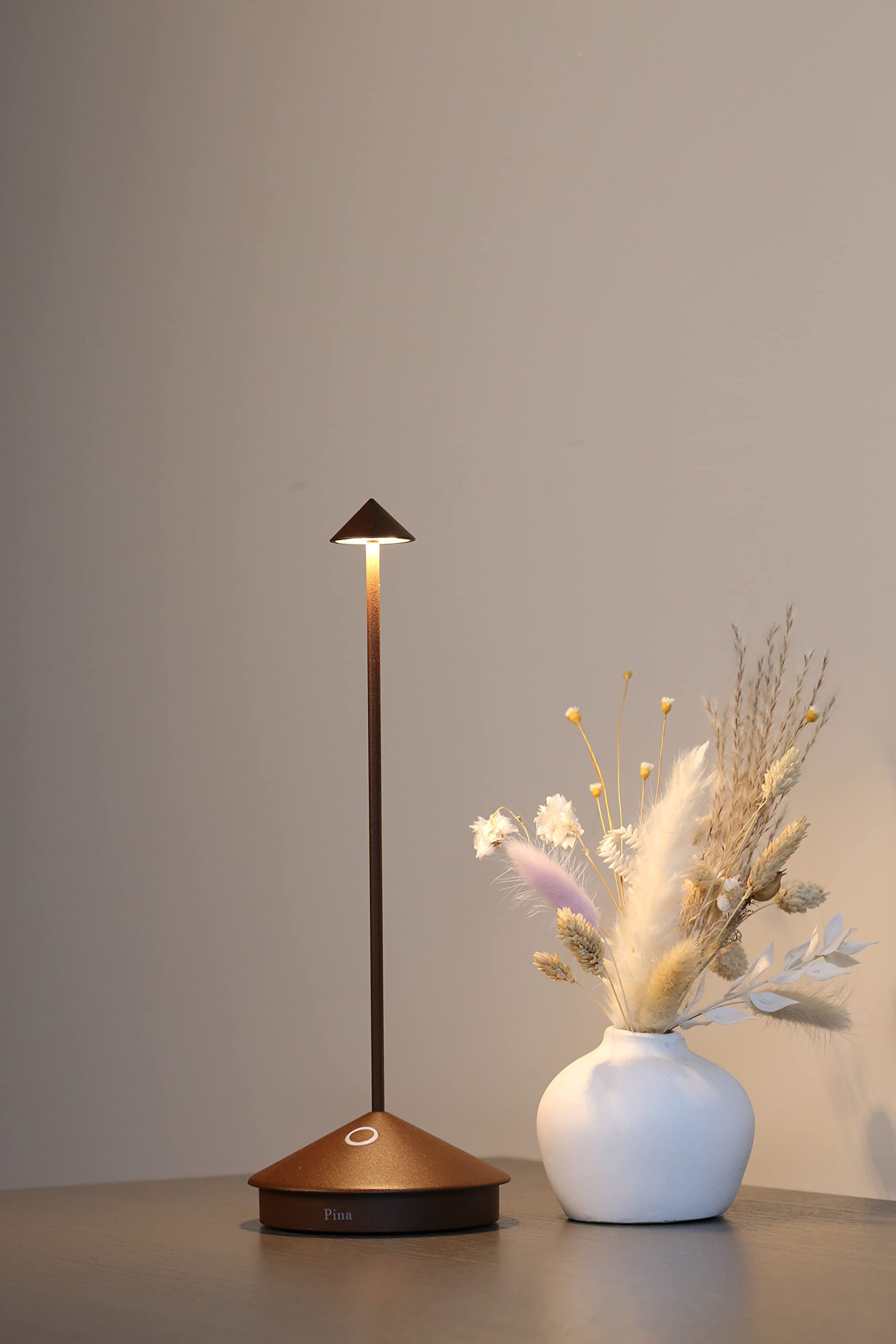 Pina Pro LED Table Lamp (Color: Rust) in Aluminum, IP54 Protection, Indoor/Outdoor use, Contact Charging Base, 11”, USA Plug