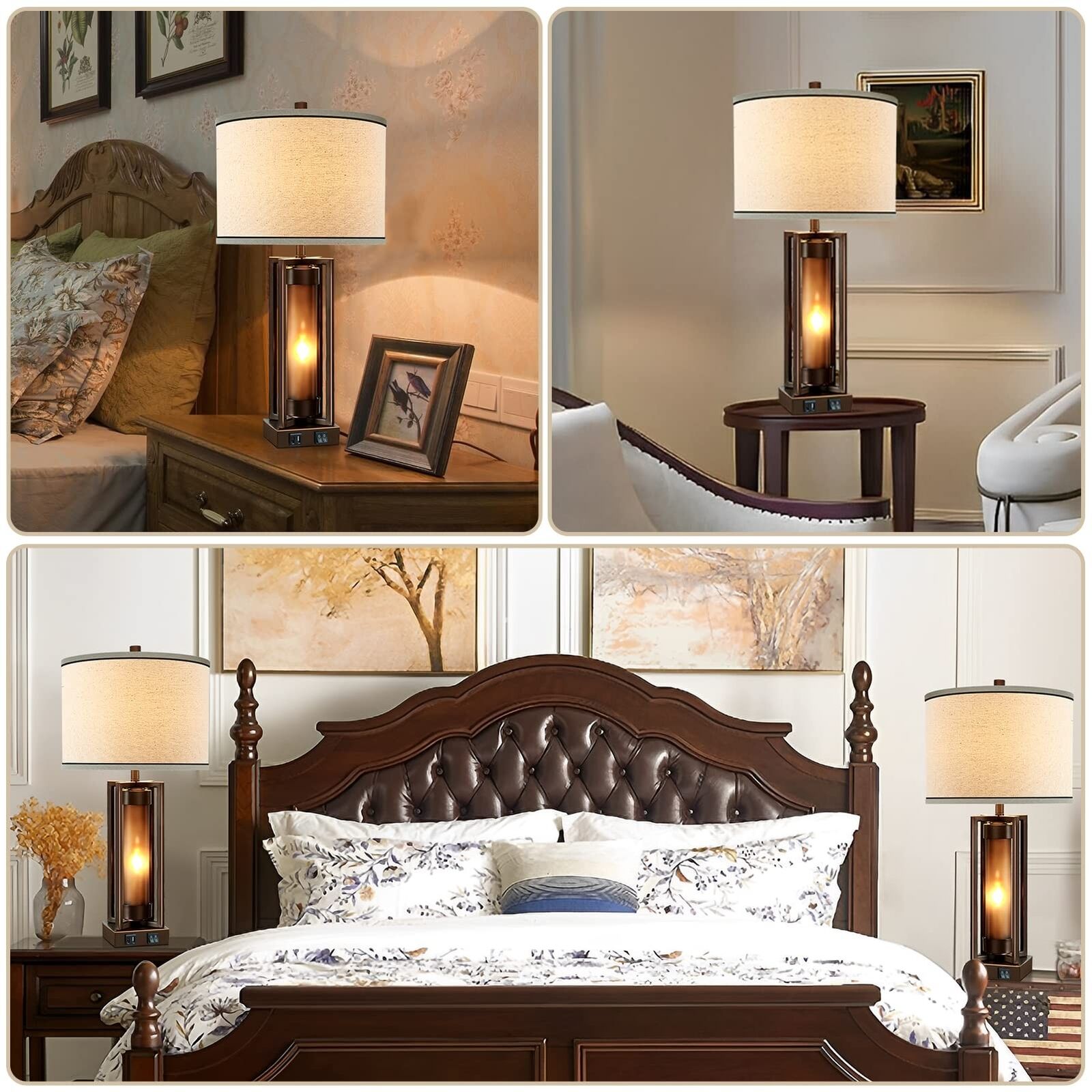 Rustic Table Lamps for Living Room Set of 2 with 2 USB Ports, Farmhou