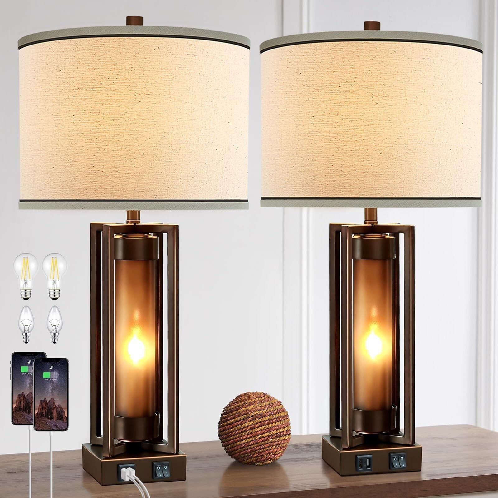 Rustic Table Lamps for Living Room Set of 2 with 2 USB Ports, Farmhou