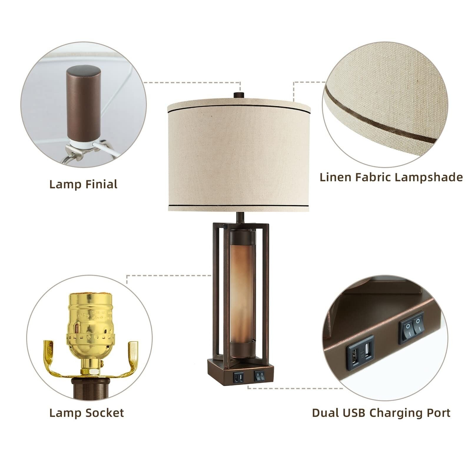 Rustic Table Lamps for Living Room Set of 2 with 2 USB Ports, Farmhou