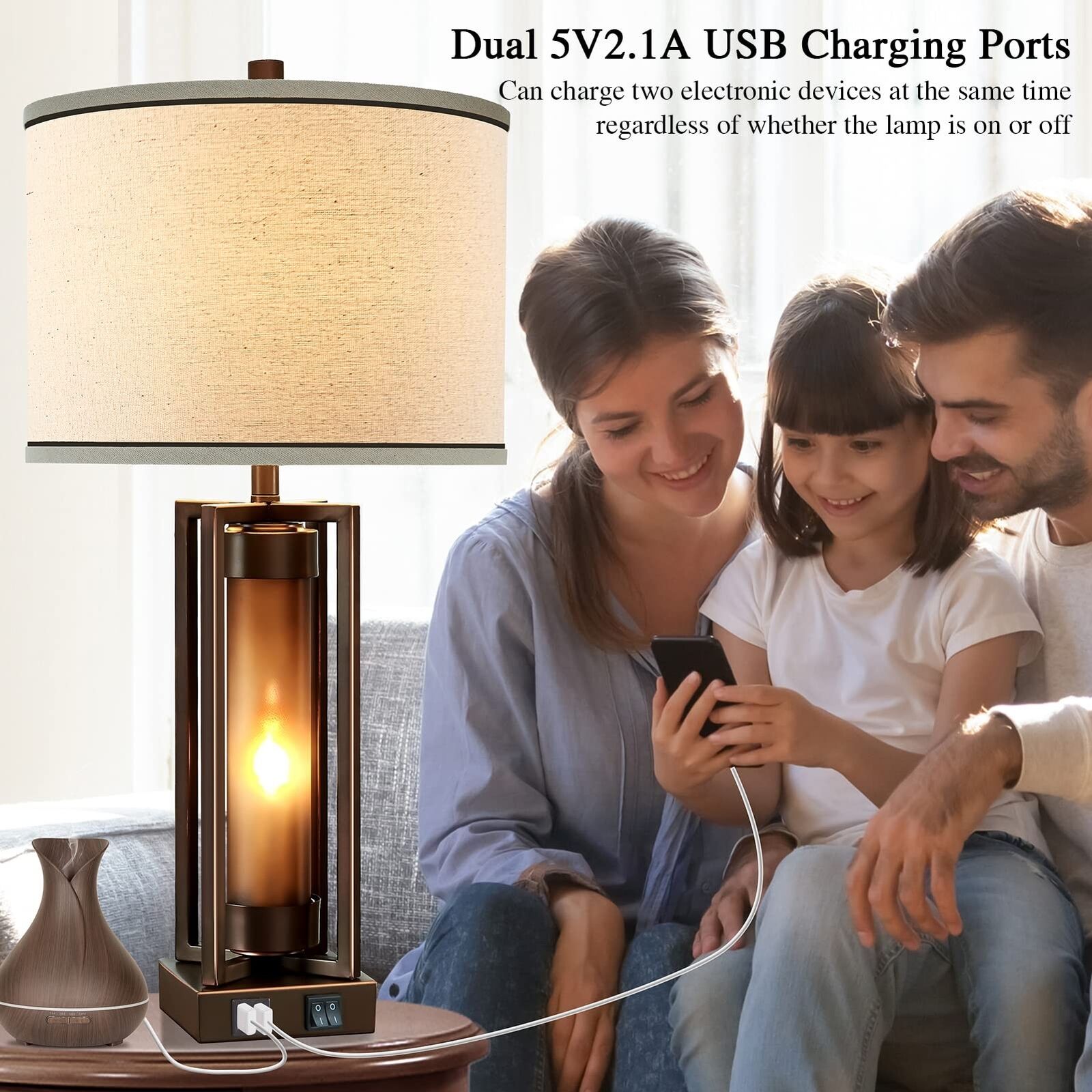 Rustic Table Lamps for Living Room Set of 2 with 2 USB Ports, Farmhou
