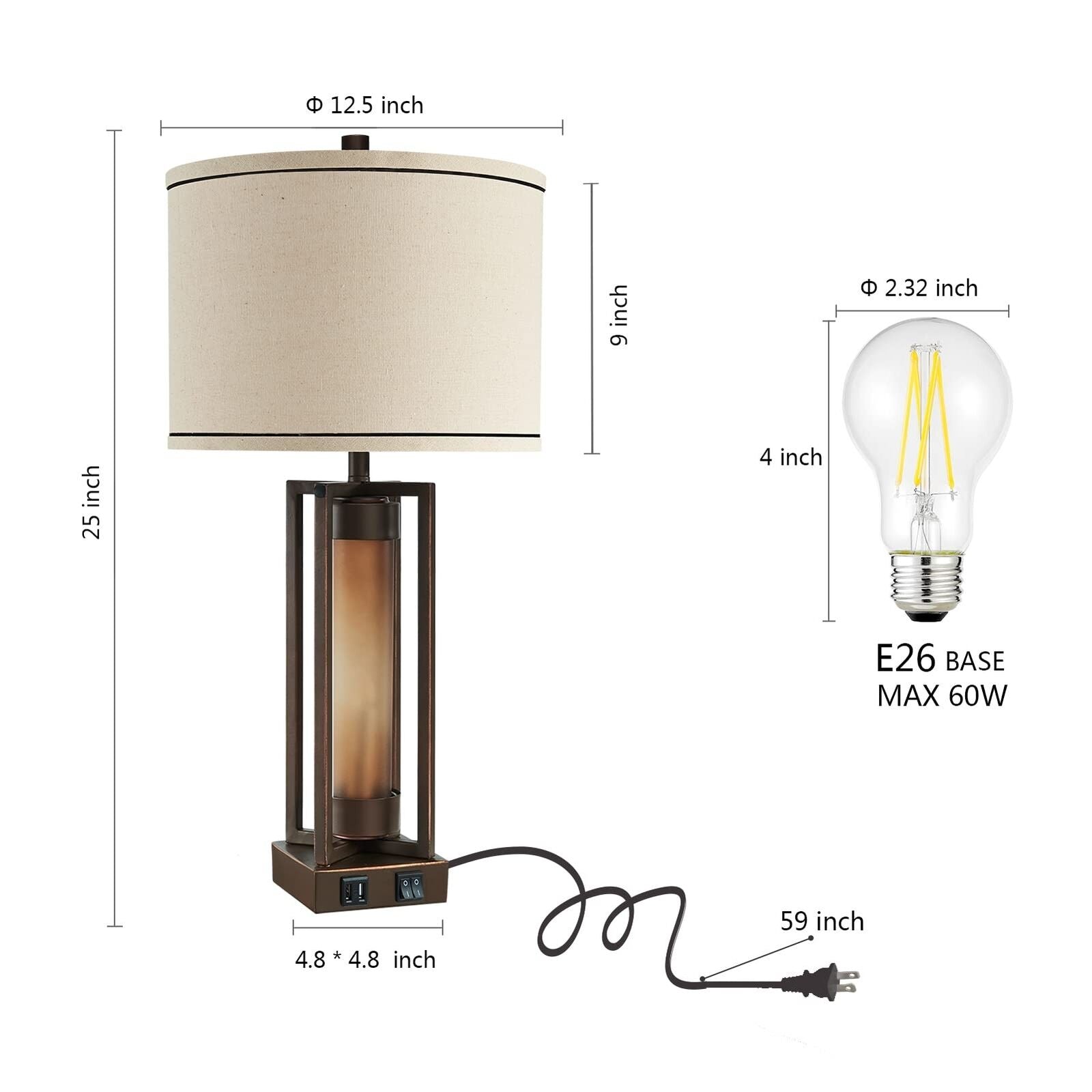 Rustic Table Lamps for Living Room Set of 2 with 2 USB Ports, Farmhou