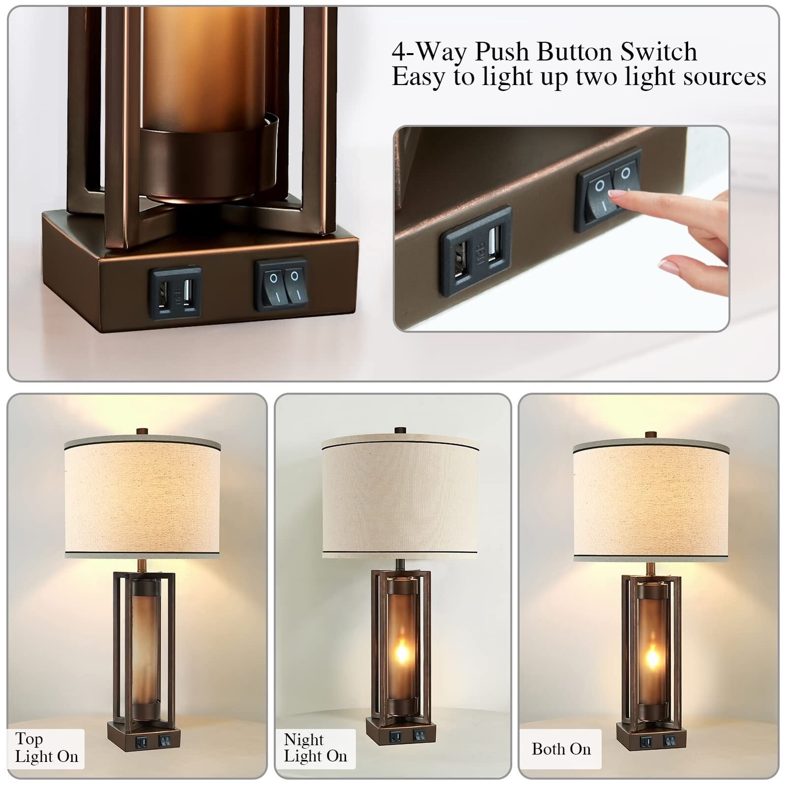 Rustic Table Lamps for Living Room Set of 2 with 2 USB Ports, Farmhou