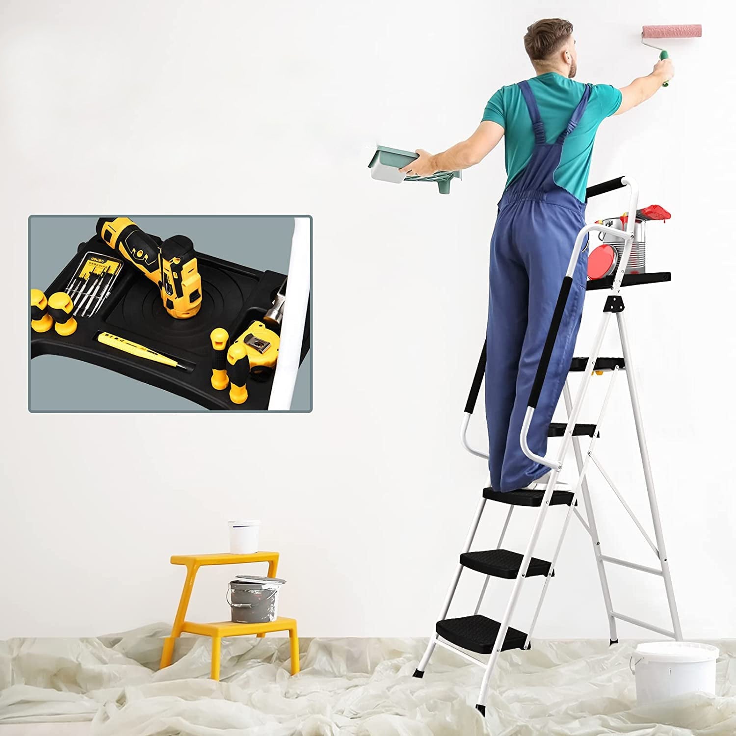 Folding 5-Step Ladder, 330lbs, with Handrails and Tool Tray and Anti-Slip Pedal, White