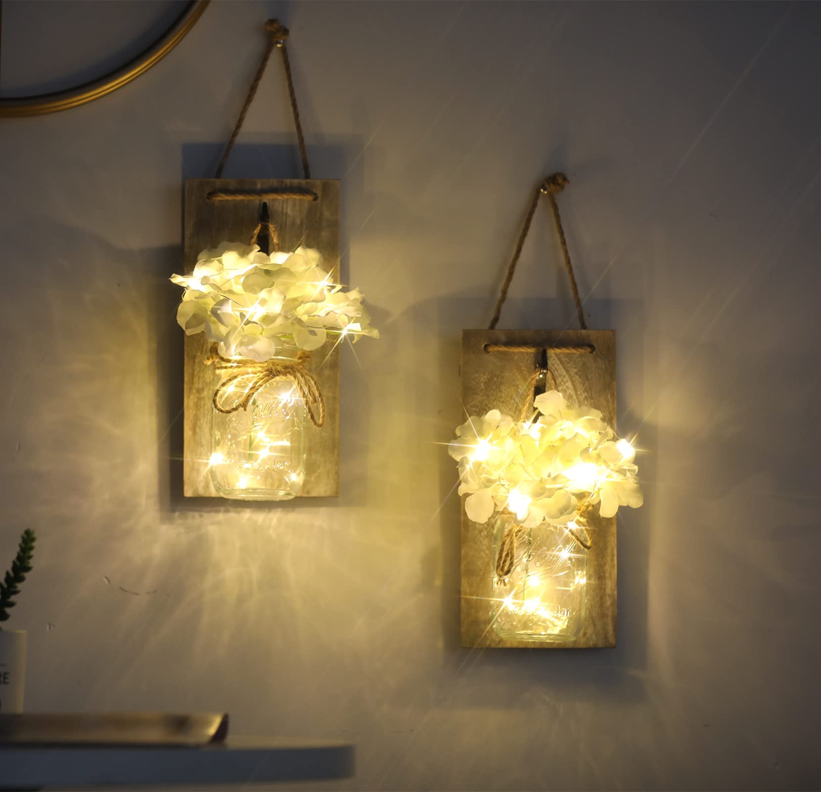 Lightessluxe Mason Jar Wall Lights - Remote Controlled, Rustic Bedroom Decor with LED Fairy Lights