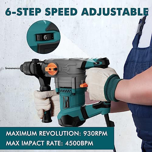 Heavy Duty Rotary Hammer Drill with Aluminum Alloy Housing, 5 Drill Bits