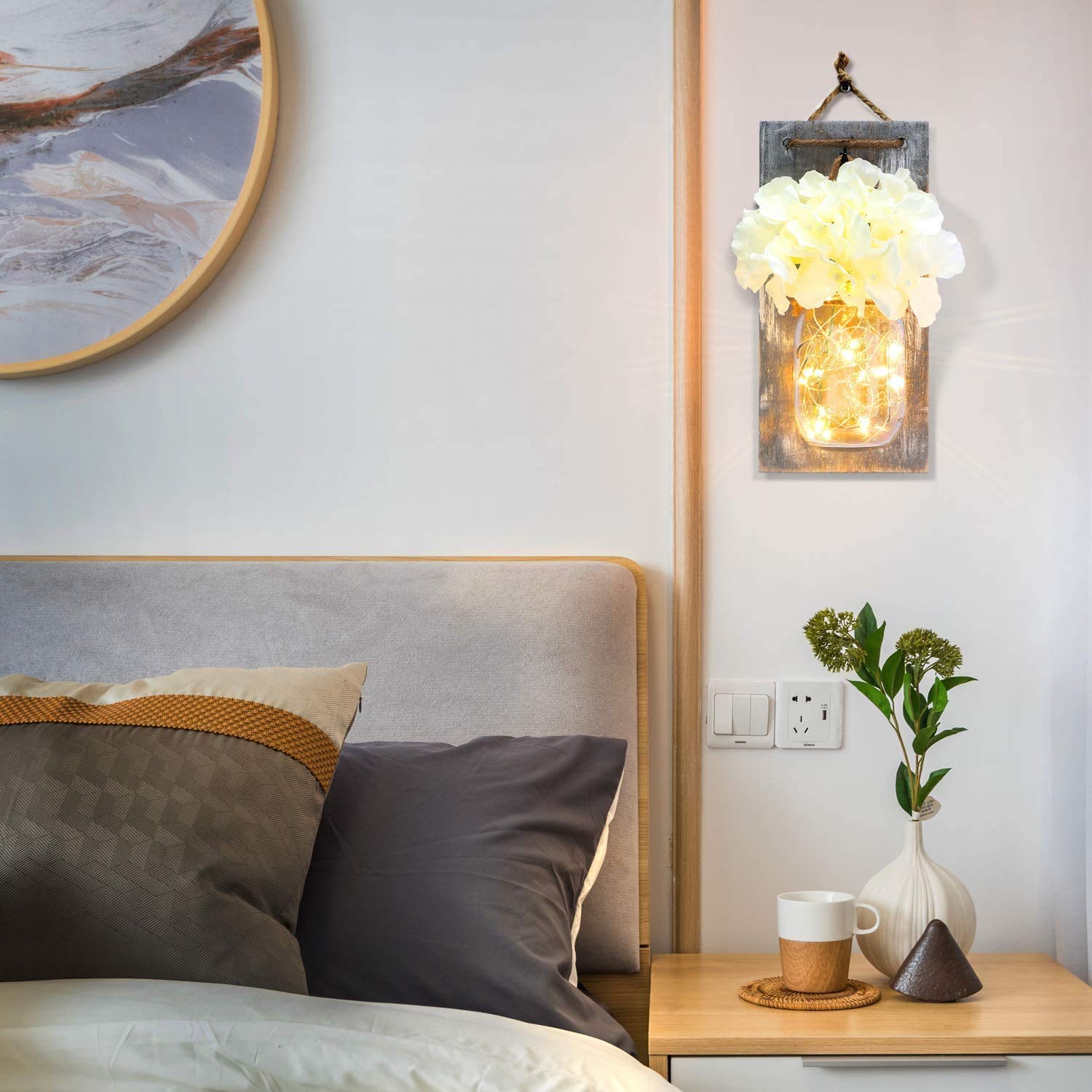 Lightessluxe Mason Jar Wall Lights - Remote Controlled, Rustic Bedroom Decor with LED Fairy Lights