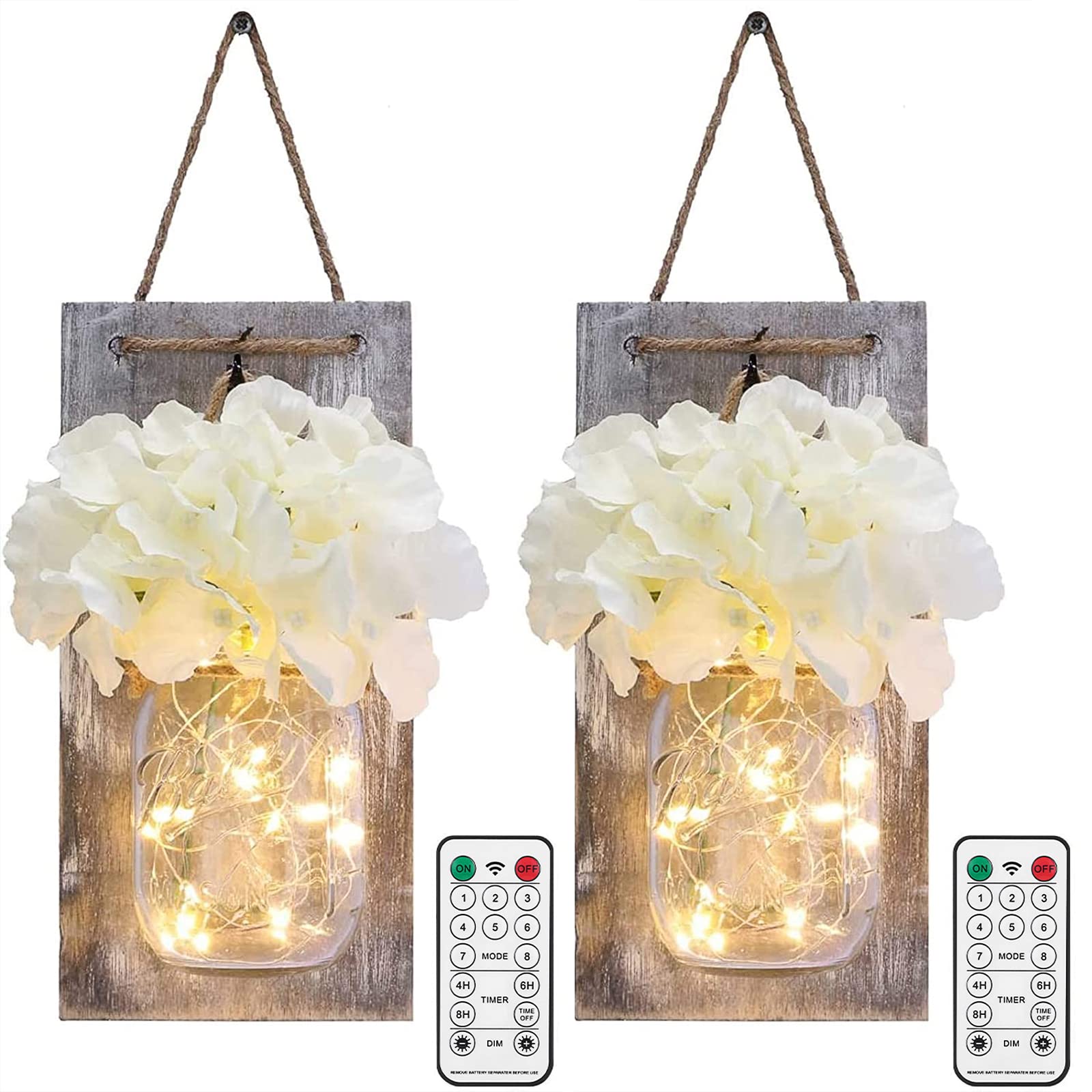 Lightessluxe Mason Jar Wall Lights - Remote Controlled, Rustic Bedroom Decor with LED Fairy Lights