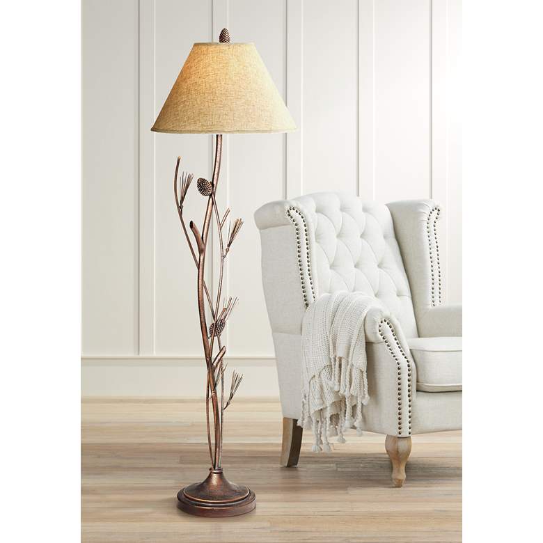 Pine Cone Iron Floor Lamp Bronze finish. Metal construction. Forest beige shade