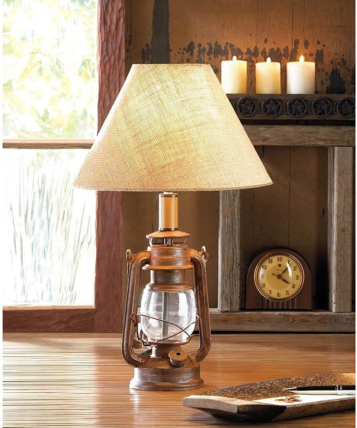Old Fashioned Table Lamp Burlap Shade Brown Clear Tan