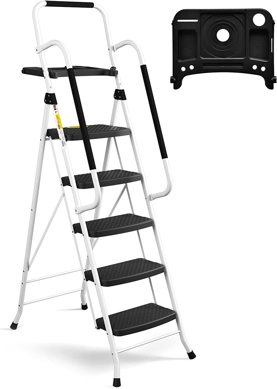 Folding 5-Step Ladder, 330lbs, with Handrails and Tool Tray and Anti-Slip Pedal, White