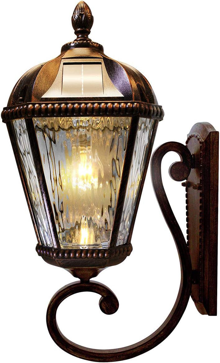 Solar Outdoor Wall Light, Royal Bulb Exterior Sconce Lamp, Brushed Bronze Finish Aluminum, Clear Rain Water Glass, Warm White LED, Large 21-Inch Height, 98B110