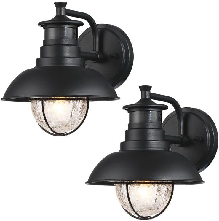 Rustic Outdoor Wall Light Fixture with Dusk to Dawn PIR Motion Sensor 2 Pack Matte Black Outdoor Wall Lantern Lamp with Crackle Glass Shade for Porch Barn Front Door, Bulbs Included