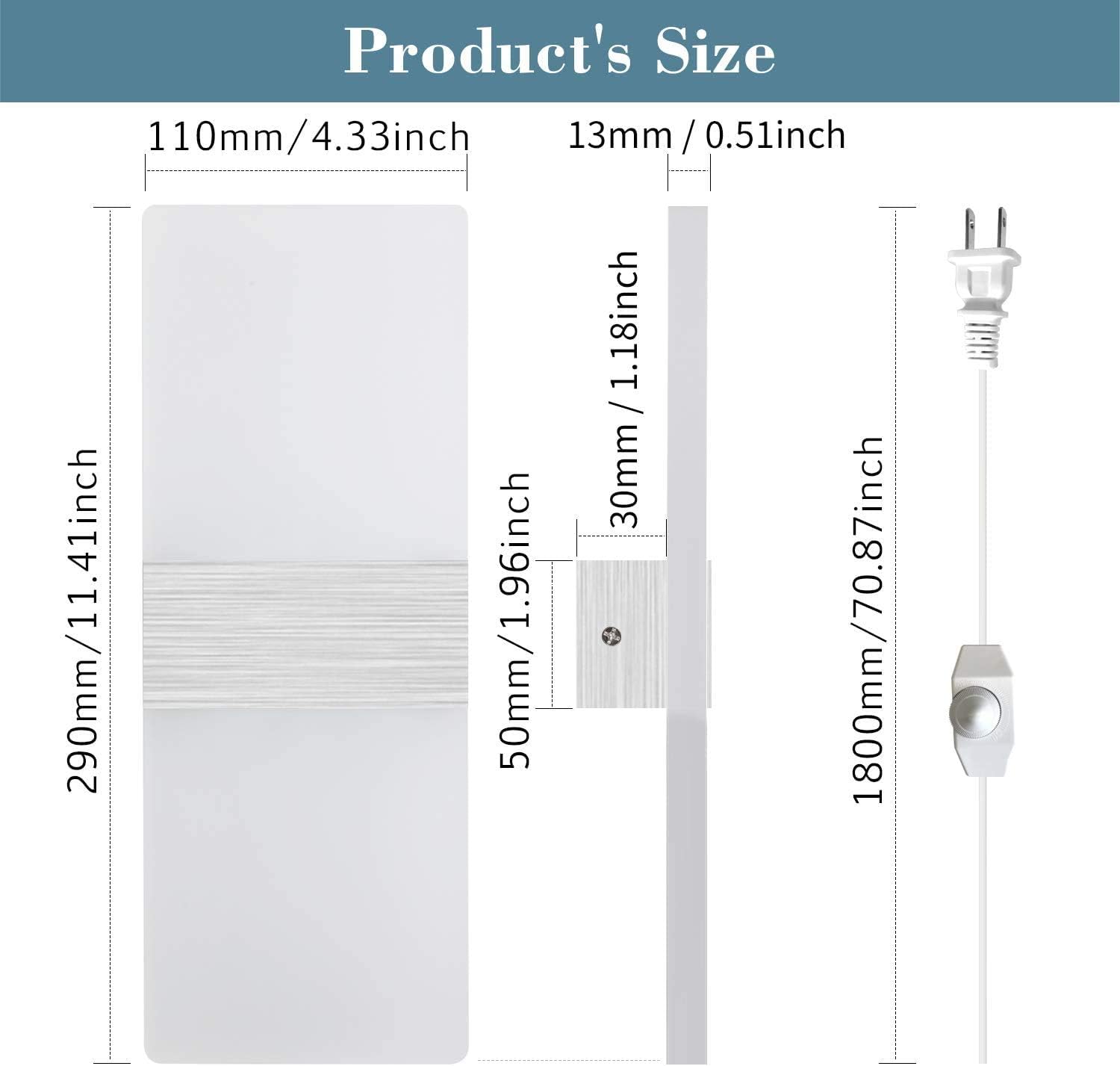 LIGHTESS Dimmable Wall Sconces Plug in Set of 2, Modern Wall Lamp 12W Acrylic LED Wall Light Fixture for Living Room Bedroom Corridor, Cool White