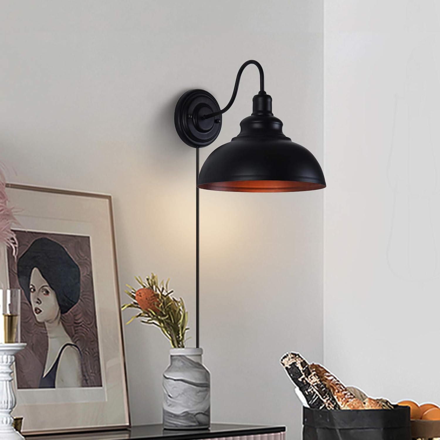 LIGHTESS Dimmable Wall Sconce Plug in, Industrial Farmhouse Sconce with Dimmer On Off Switch, Black Barn Light Gooseneck Light Fixture, OLB11
