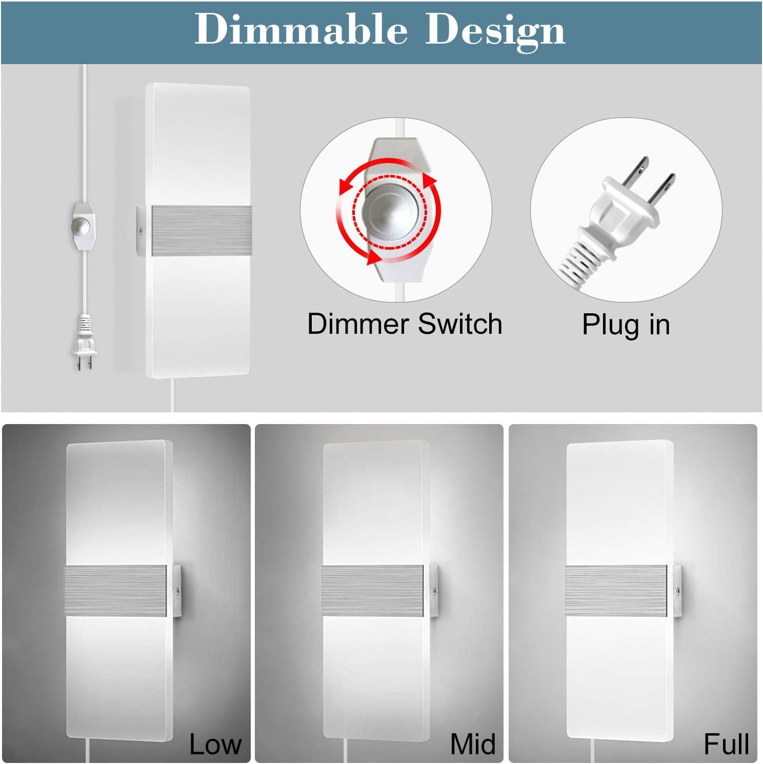 LIGHTESS Dimmable Wall Sconces Plug in Set of 2, Modern Wall Lamp 12W Acrylic LED Wall Light Fixture for Living Room Bedroom Corridor, Cool White