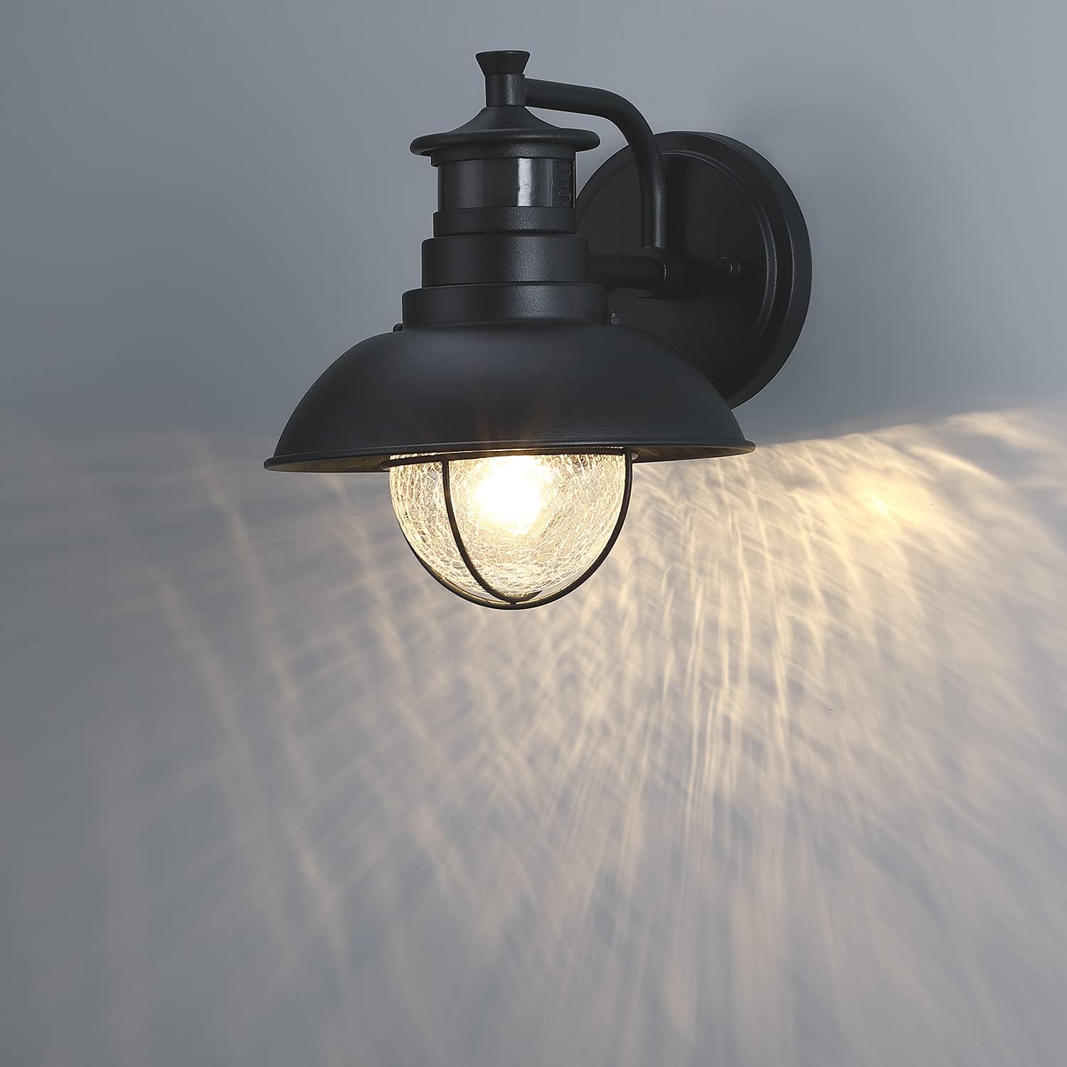 Rustic Outdoor Wall Light Fixture with Dusk to Dawn PIR Motion Sensor 2 Pack Matte Black Outdoor Wall Lantern Lamp with Crackle Glass Shade for Porch Barn Front Door, Bulbs Included