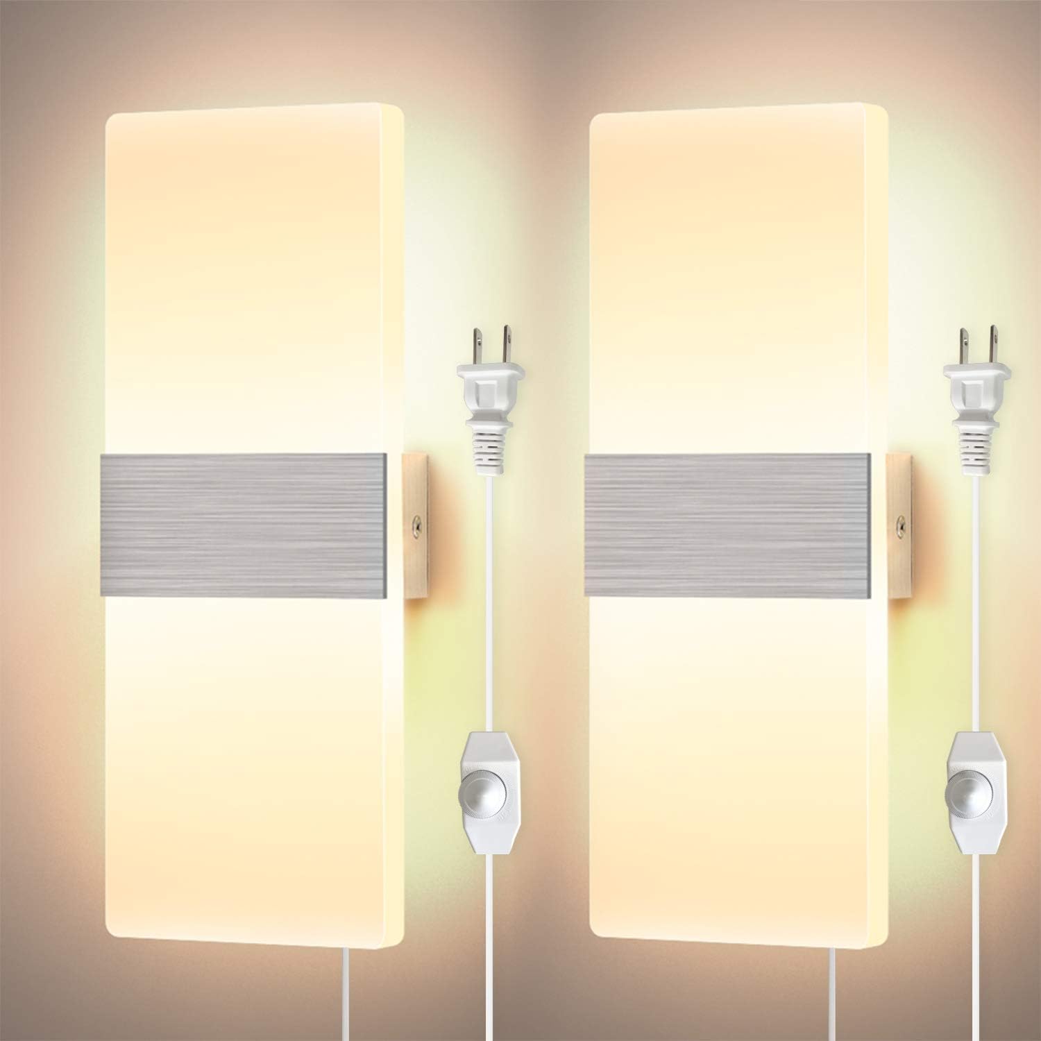LIGHTESS Dimmable Wall Sconces Plug in Set of 2, Modern Wall Lamp 12W Acrylic LED Wall Light Fixture for Living Room Bedroom Corridor, Cool White