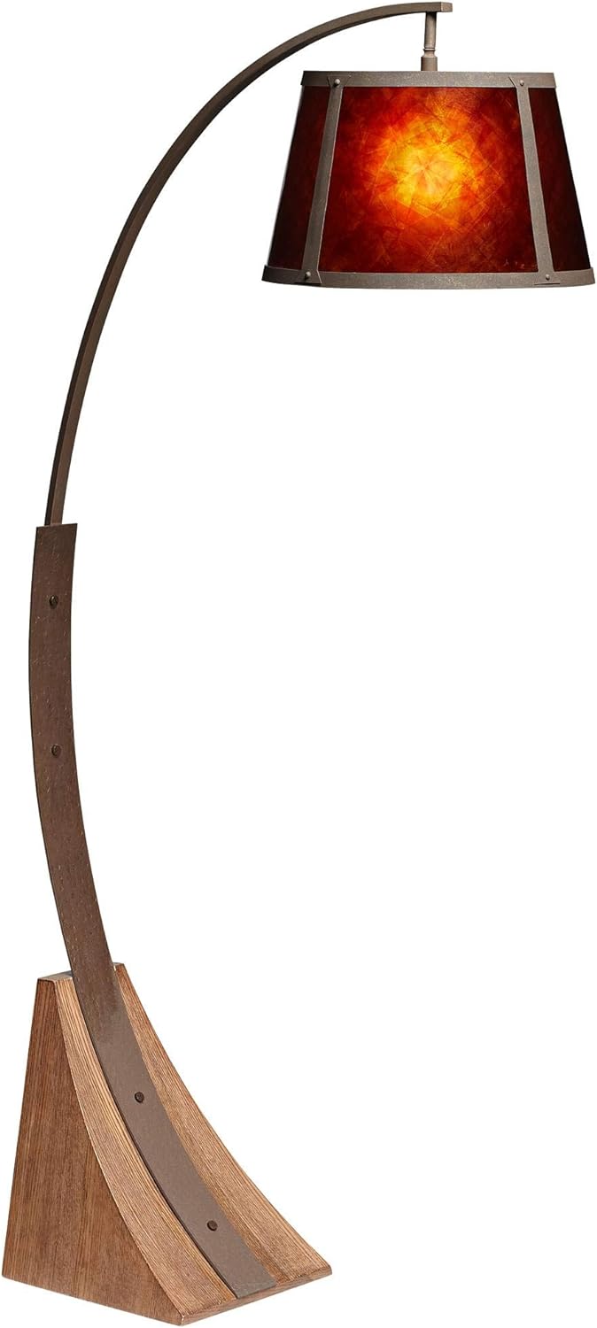 Oak River Rustic Farmhouse Mission Arc Floor Lamp Standing 66 1/2" Tall Dark Rust Natural Wood Amber Mica Drum Shade for Living Room Reading Bedroom Office House Home Decor