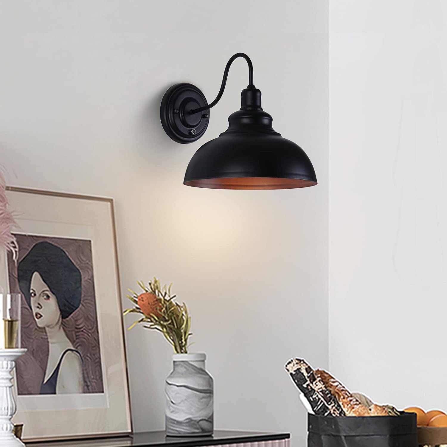 LIGHTESS Dimmable Wall Sconce Plug in, Industrial Farmhouse Sconce with Dimmer On Off Switch, Black Barn Light Gooseneck Light Fixture, OLB11