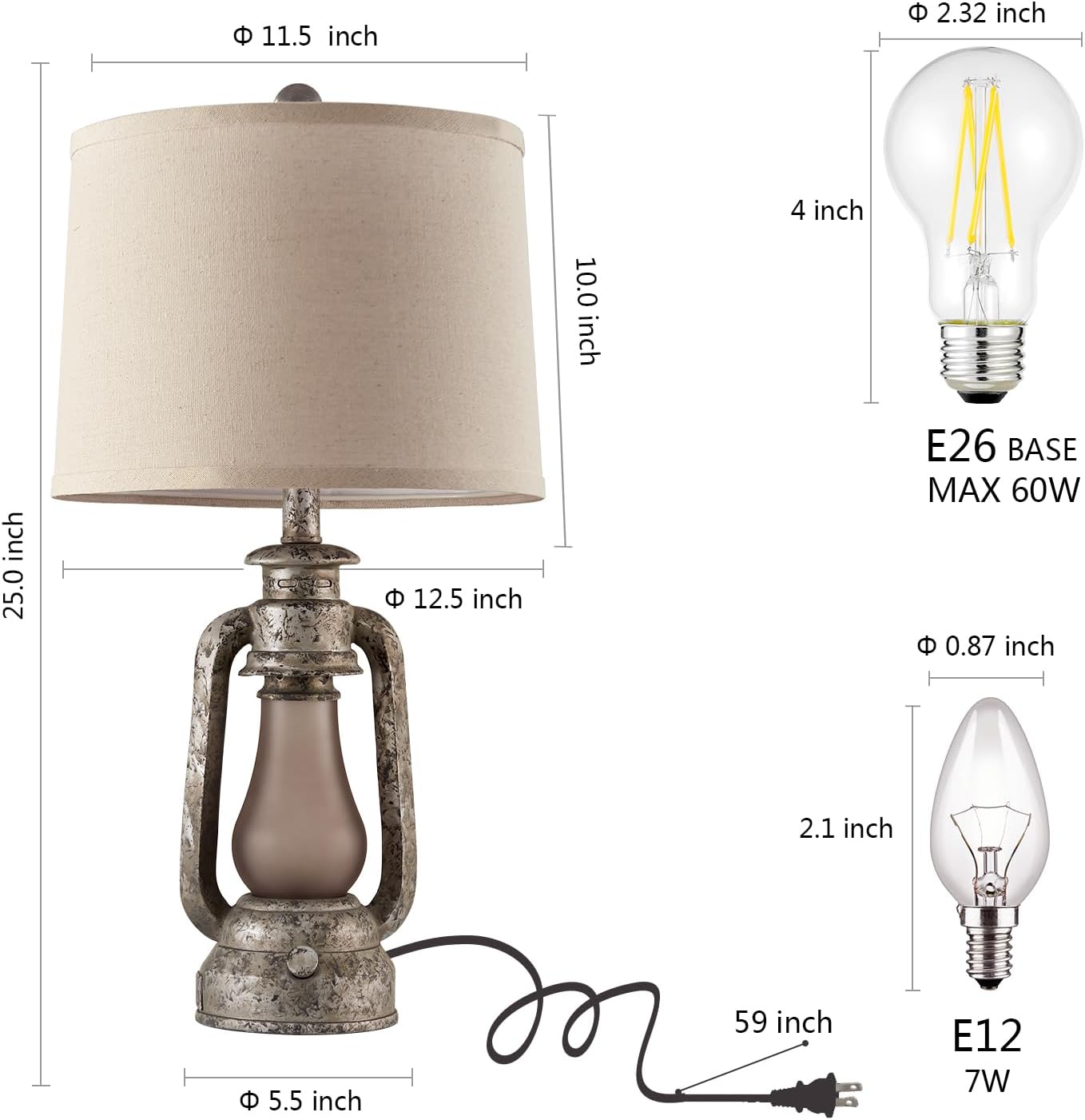 Lantern Table Lamps for Living Room Set of 2, Vintage Bedroom Resin Lamp with Dual USB Charging Ports, Rustic Retro Bedside Nightstand Desk Lamp, Linen Fabric Shade, 4 Bulbs Included