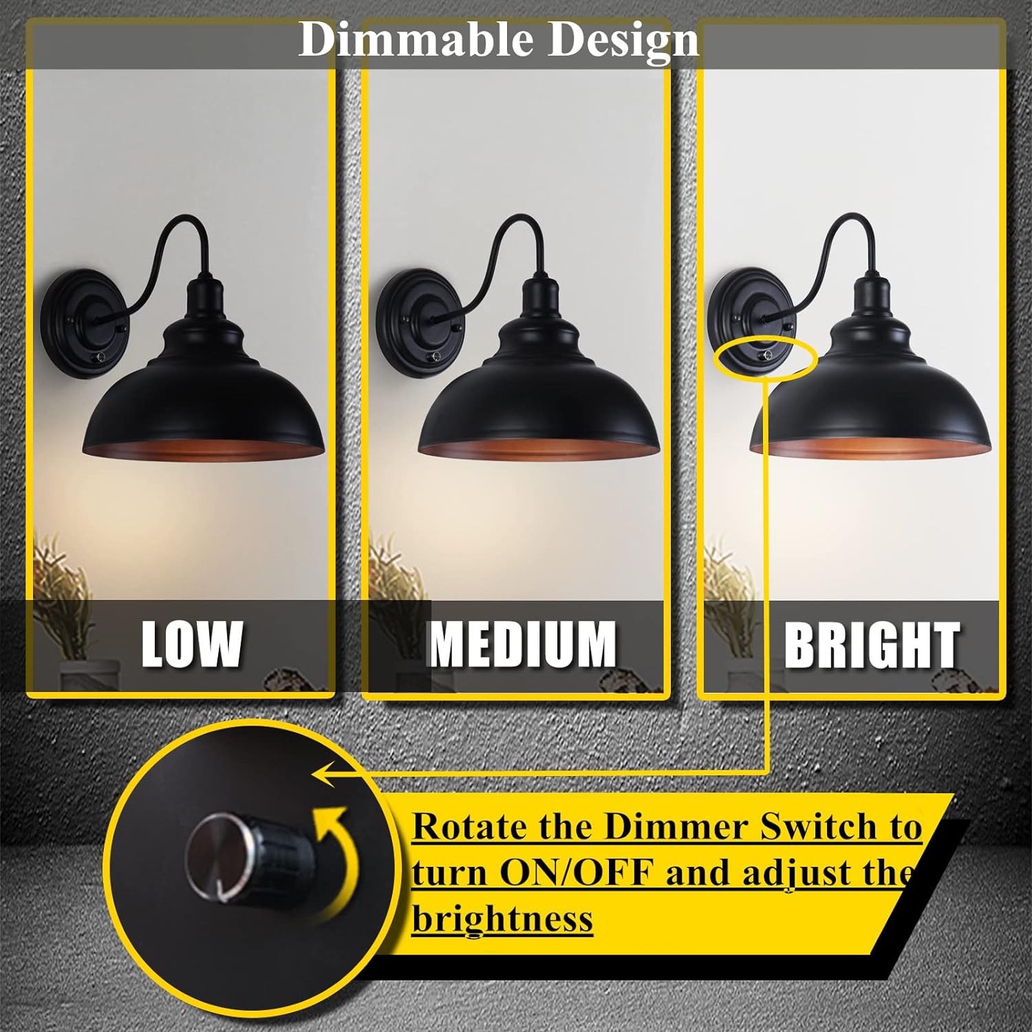 LIGHTESS Dimmable Wall Sconce Plug in, Industrial Farmhouse Sconce with Dimmer On Off Switch, Black Barn Light Gooseneck Light Fixture, OLB11