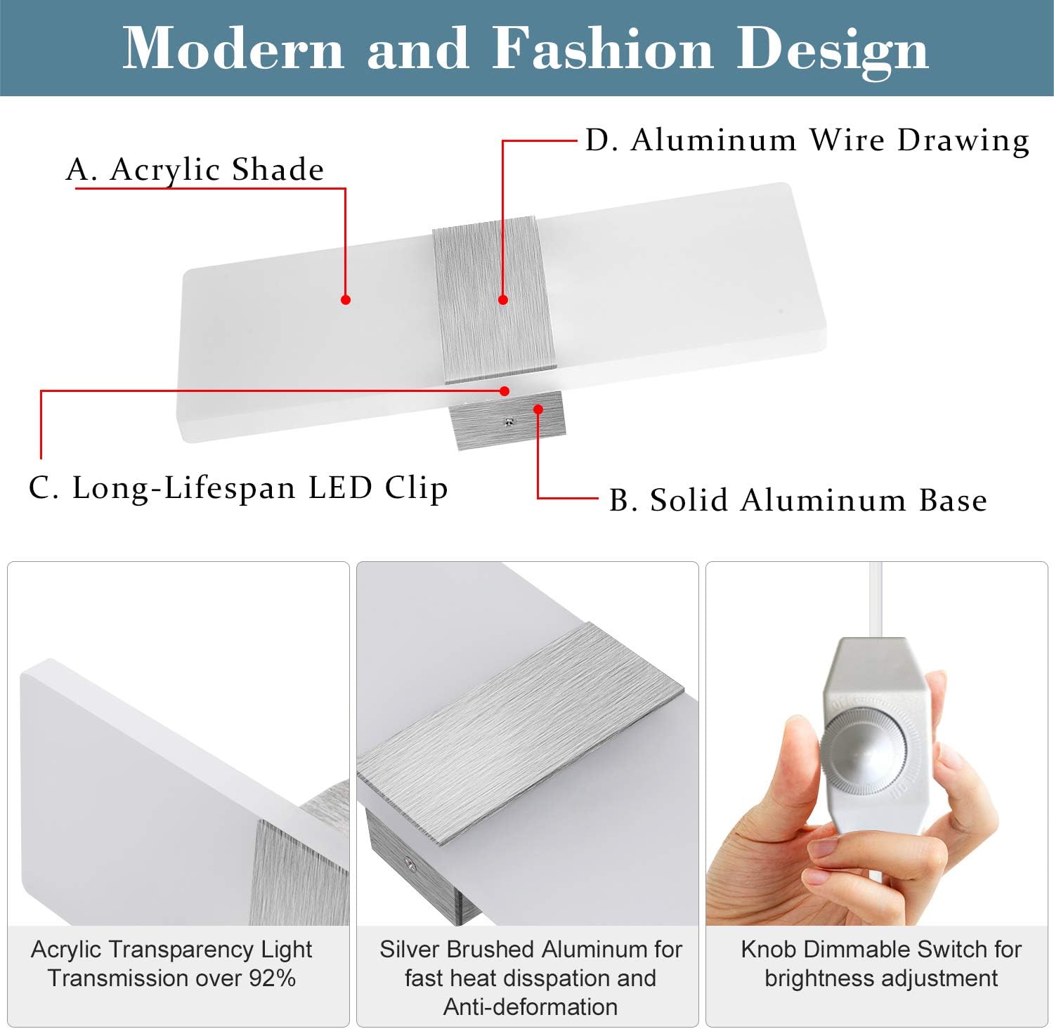 LIGHTESS Dimmable Wall Sconces Plug in Set of 2, Modern Wall Lamp 12W Acrylic LED Wall Light Fixture for Living Room Bedroom Corridor, Cool White