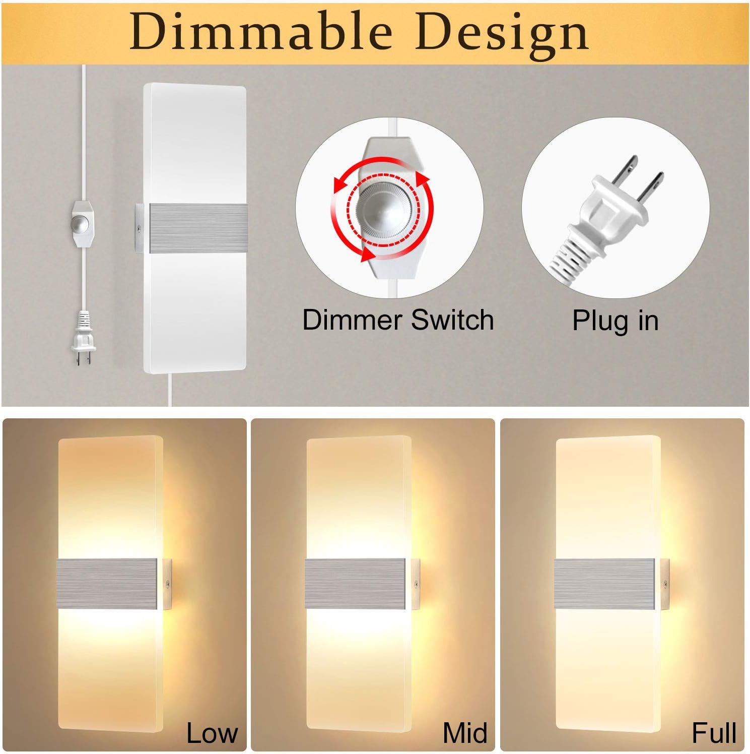 LIGHTESS Dimmable Wall Sconces Plug in Set of 2, Modern Wall Lamp 12W Acrylic LED Wall Light Fixture for Living Room Bedroom Corridor, Cool White