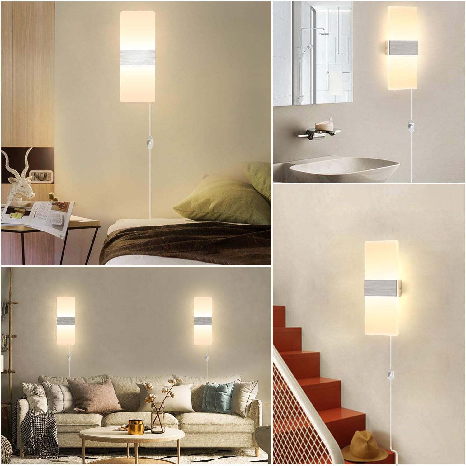 LIGHTESS Dimmable Wall Sconces Plug in Set of 2, Modern Wall Lamp 12W Acrylic LED Wall Light Fixture for Living Room Bedroom Corridor, Cool White