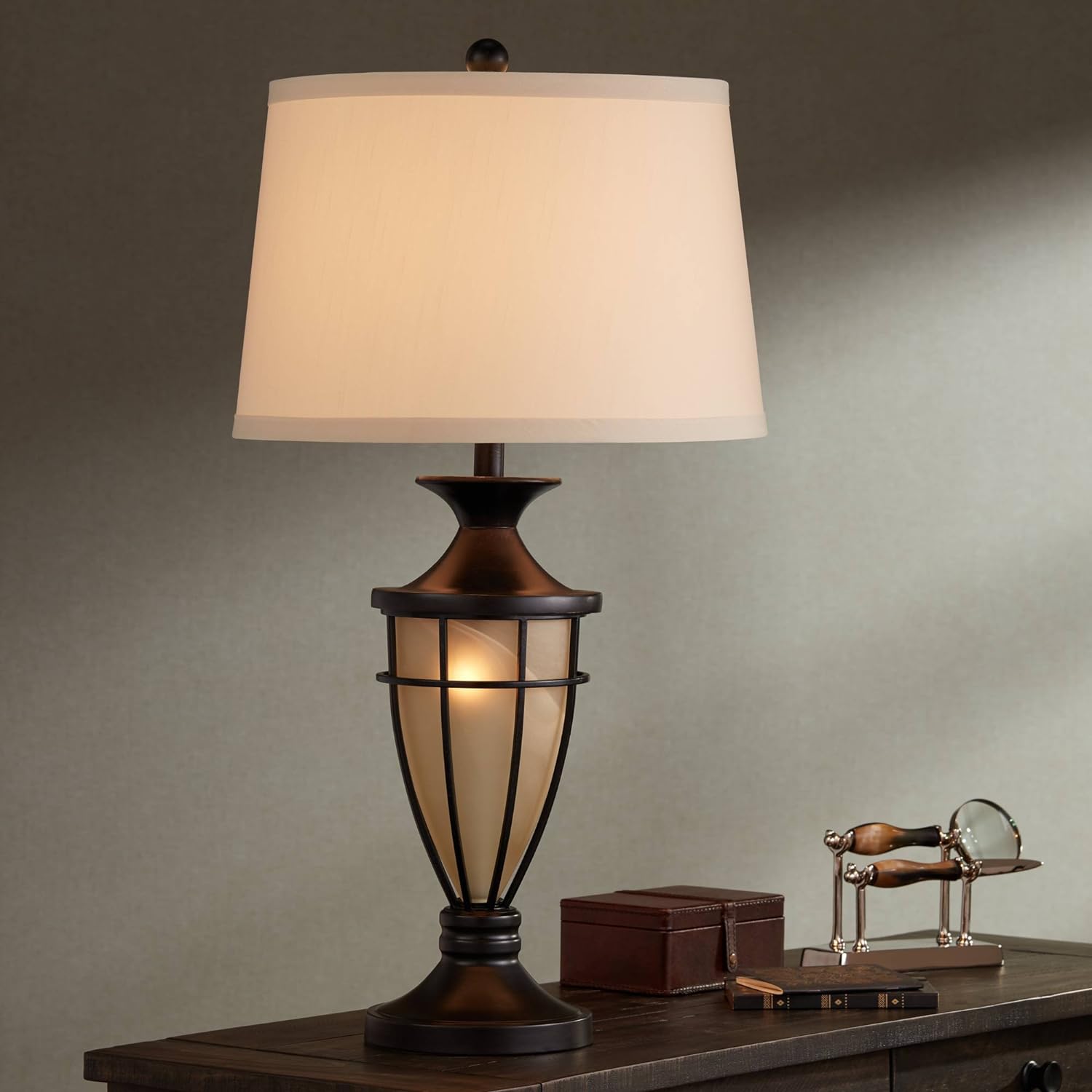 Mission Cage Table Lamps 33" Tall Set of 2 with Nightlight Lantern Brushed Iron Brown Beige Fabric Shade for Living Room Bedroom House Bedside Nightstand Home Office Entryway