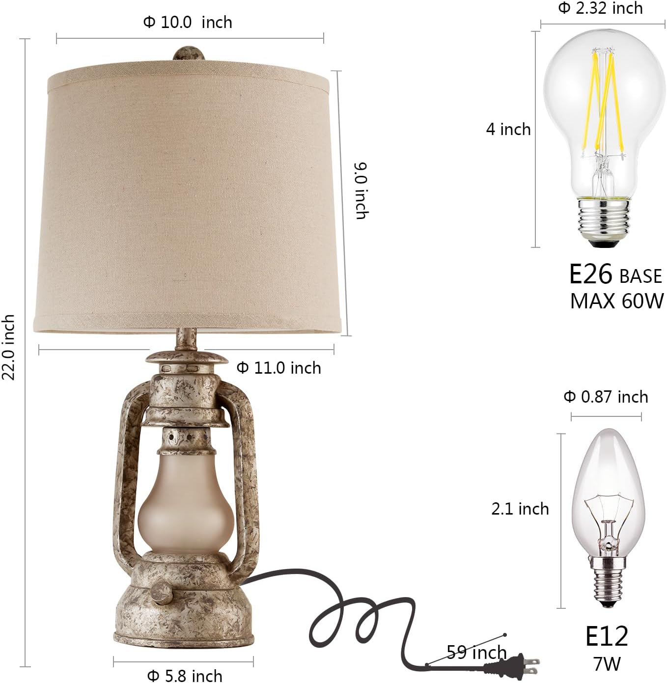 Lantern Table Lamps for Living Room Set of 2, Vintage Bedroom Resin Lamp with Dual USB Charging Ports, Rustic Retro Bedside Nightstand Desk Lamp, Linen Fabric Shade, 4 Bulbs Included