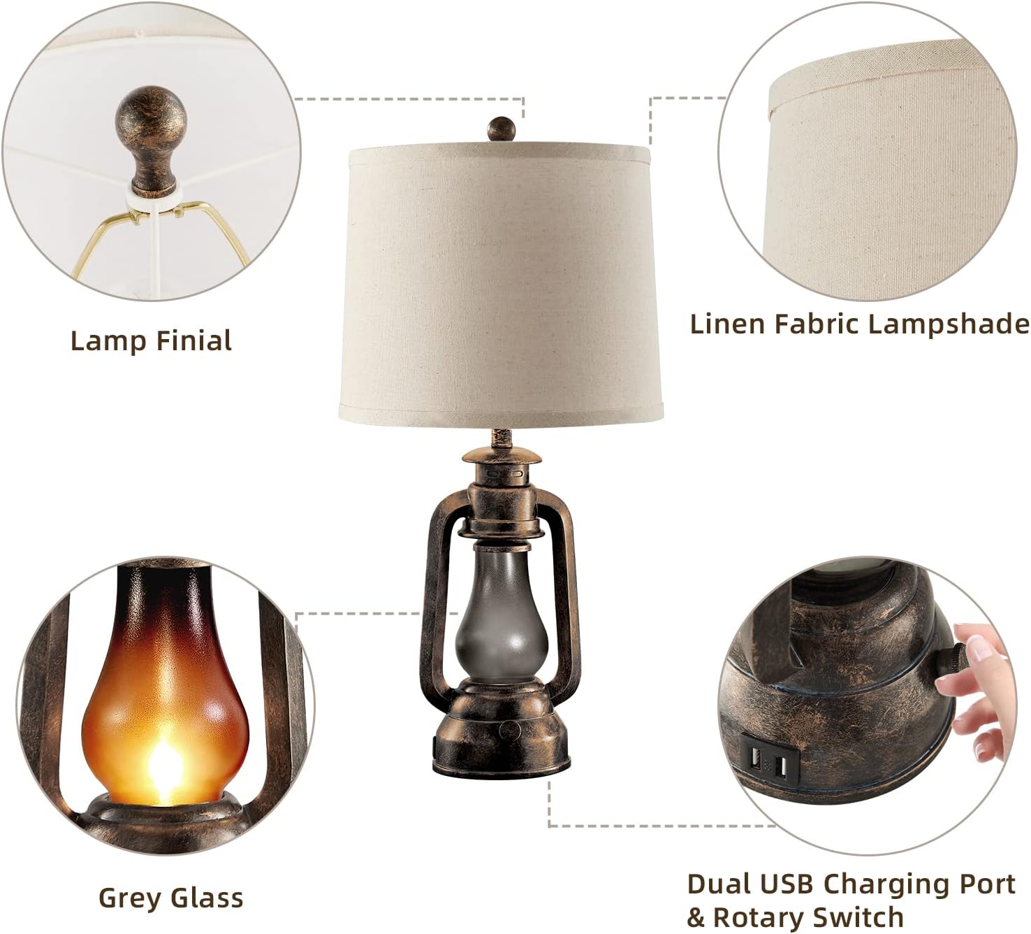 Lantern Table Lamps for Living Room Set of 2, Vintage Bedroom Resin Lamp with Dual USB Charging Ports, Rustic Retro Bedside Nightstand Desk Lamp, Linen Fabric Shade, 4 Bulbs Included