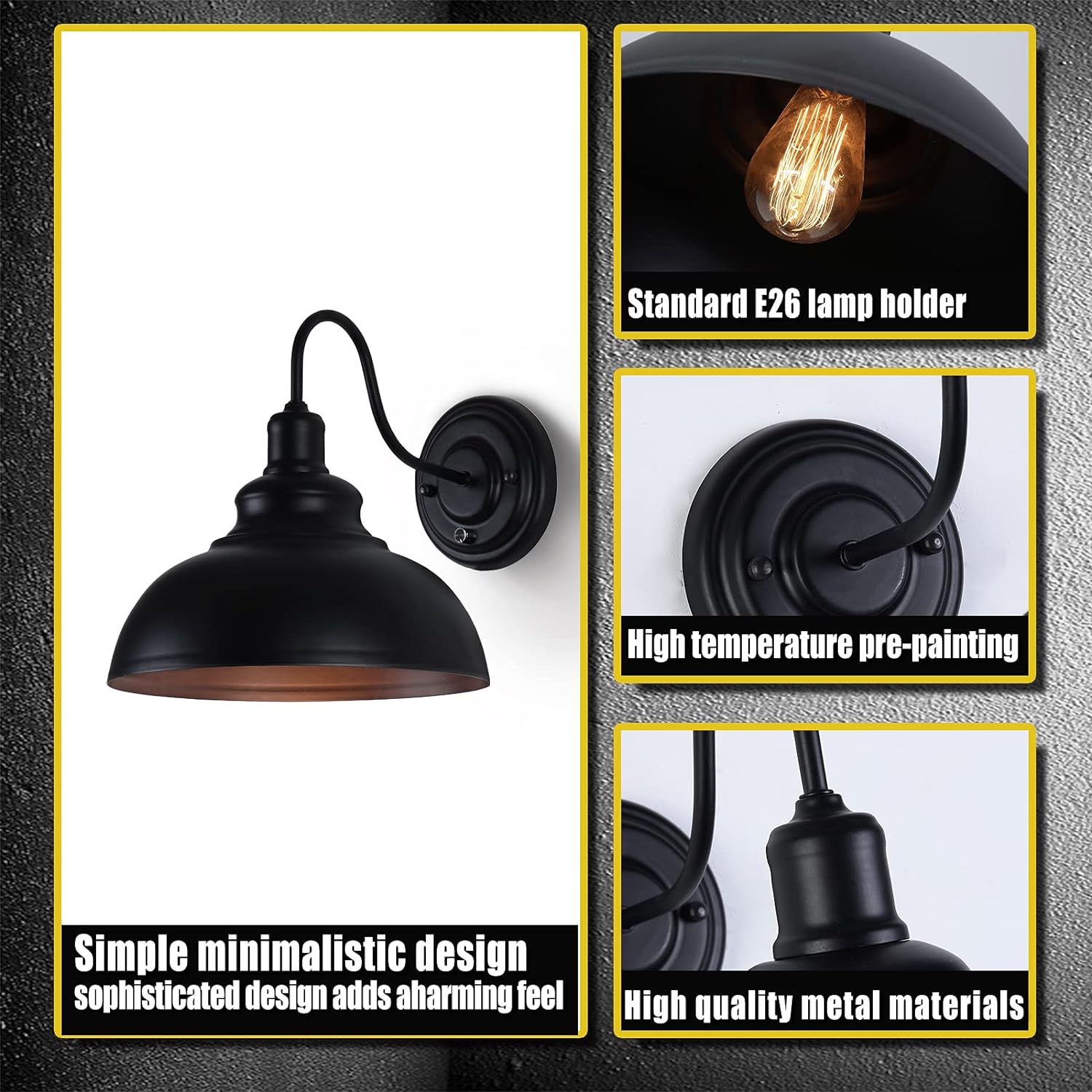 LIGHTESS Dimmable Wall Sconce Plug in, Industrial Farmhouse Sconce with Dimmer On Off Switch, Black Barn Light Gooseneck Light Fixture, OLB11