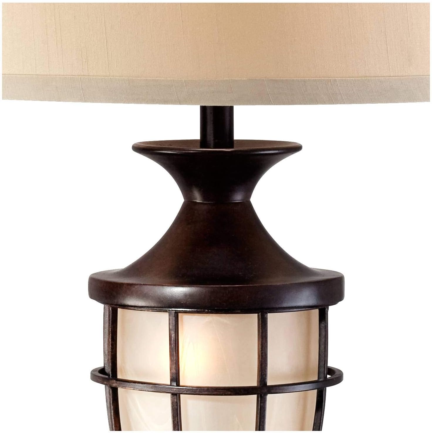 Mission Cage Table Lamps 33" Tall Set of 2 with Nightlight Lantern Brushed Iron Brown Beige Fabric Shade for Living Room Bedroom House Bedside Nightstand Home Office Entryway
